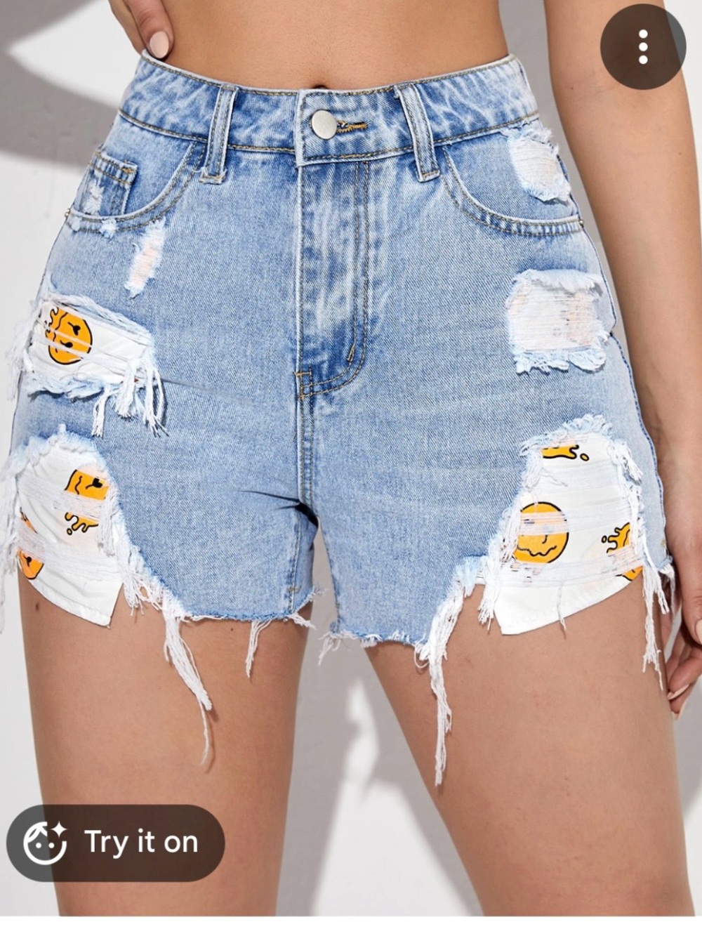 High-Waist Distressed Denim Shorts with Patch Detail - Light Blue